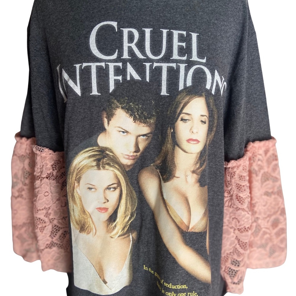 Cruel Intentions Y2K Graphic Redesigned Upcycled Lace-Sleeve Tee Charcoal & Pink